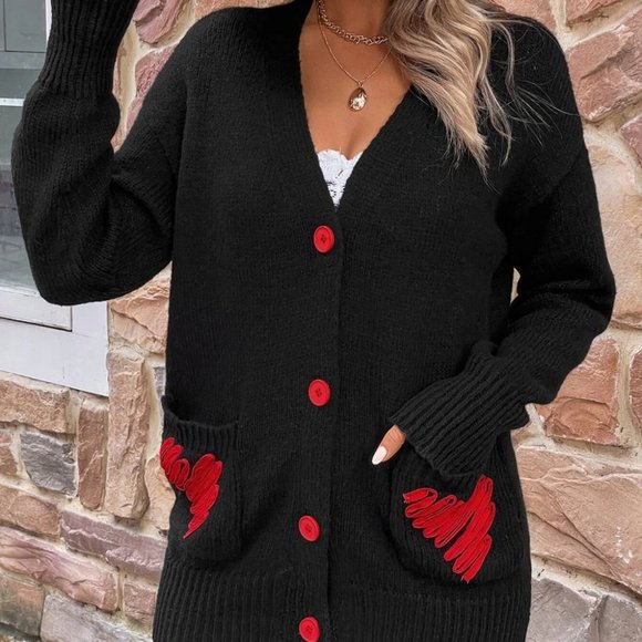 Black Casual Womens Heart Print Cardigan - Picture 3 of 5
